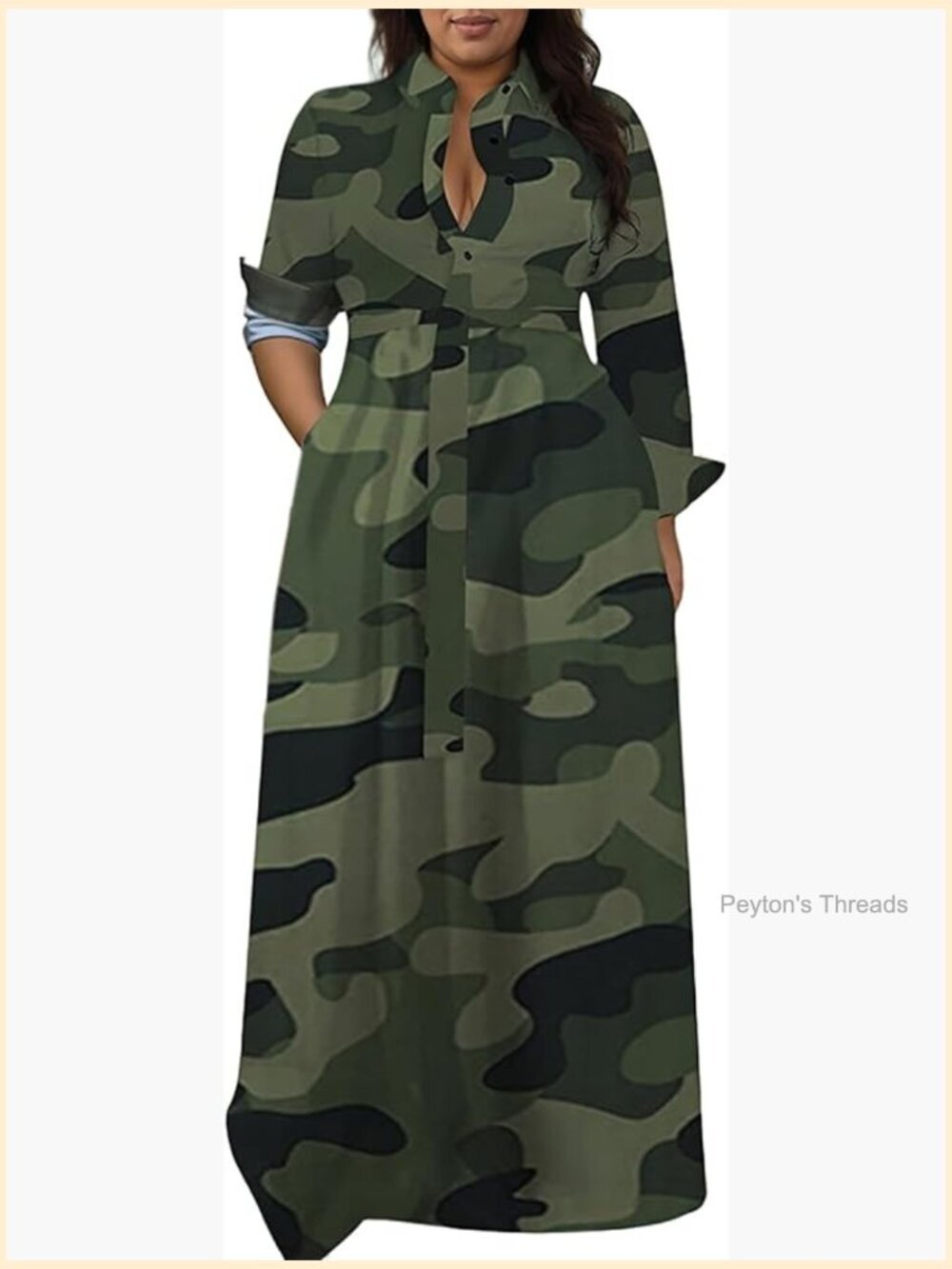 Plus Size Camo Maxi Dress Stretchy V Neck Button Belt A-Line with Pockets S-5XL